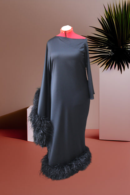 MARAYA Black Asymmetrical boat neck maxi Feather dress