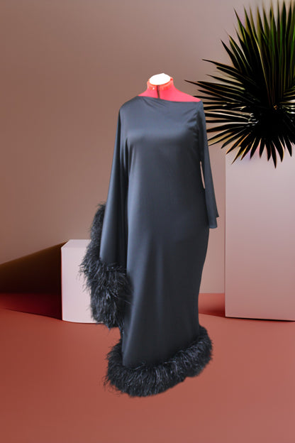 MARAYA Black Asymmetrical boat neck maxi Feather dress