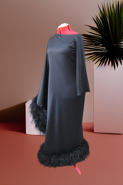 MARAYA Black Asymmetrical boat neck maxi Feather dress