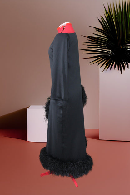 MARAYA Black Asymmetrical boat neck maxi Feather dress