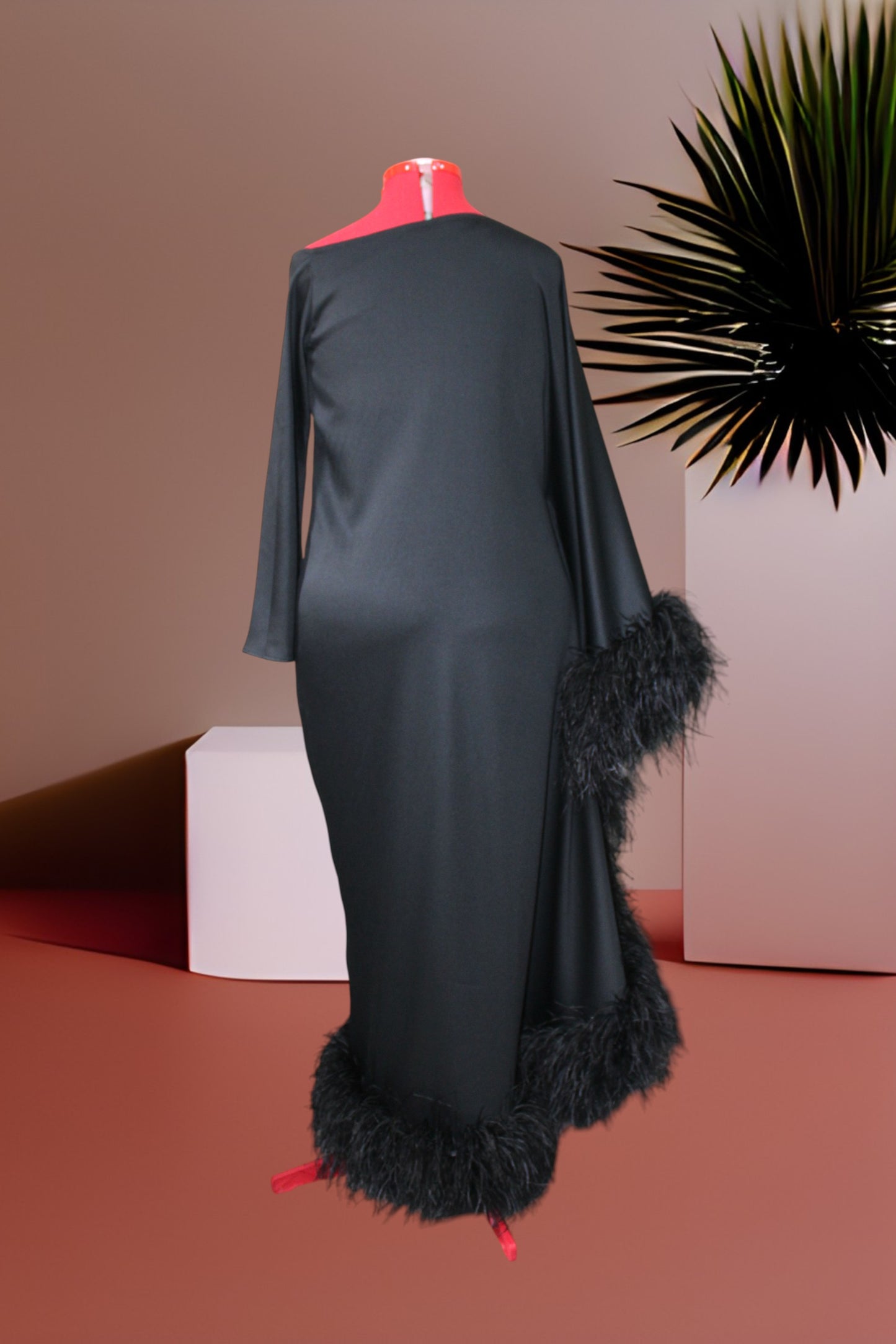 MARAYA Black Asymmetrical boat neck maxi Feather dress