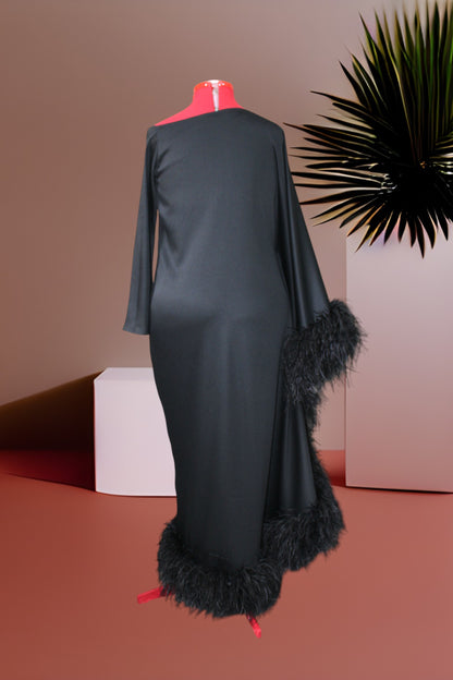 MARAYA Black Asymmetrical boat neck maxi Feather dress