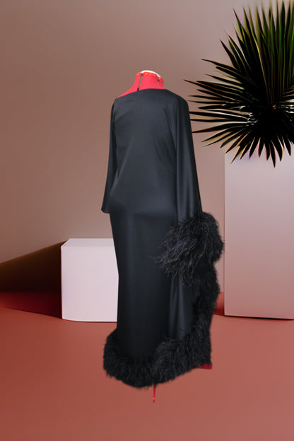 MARAYA Black Asymmetrical boat neck maxi Feather dress