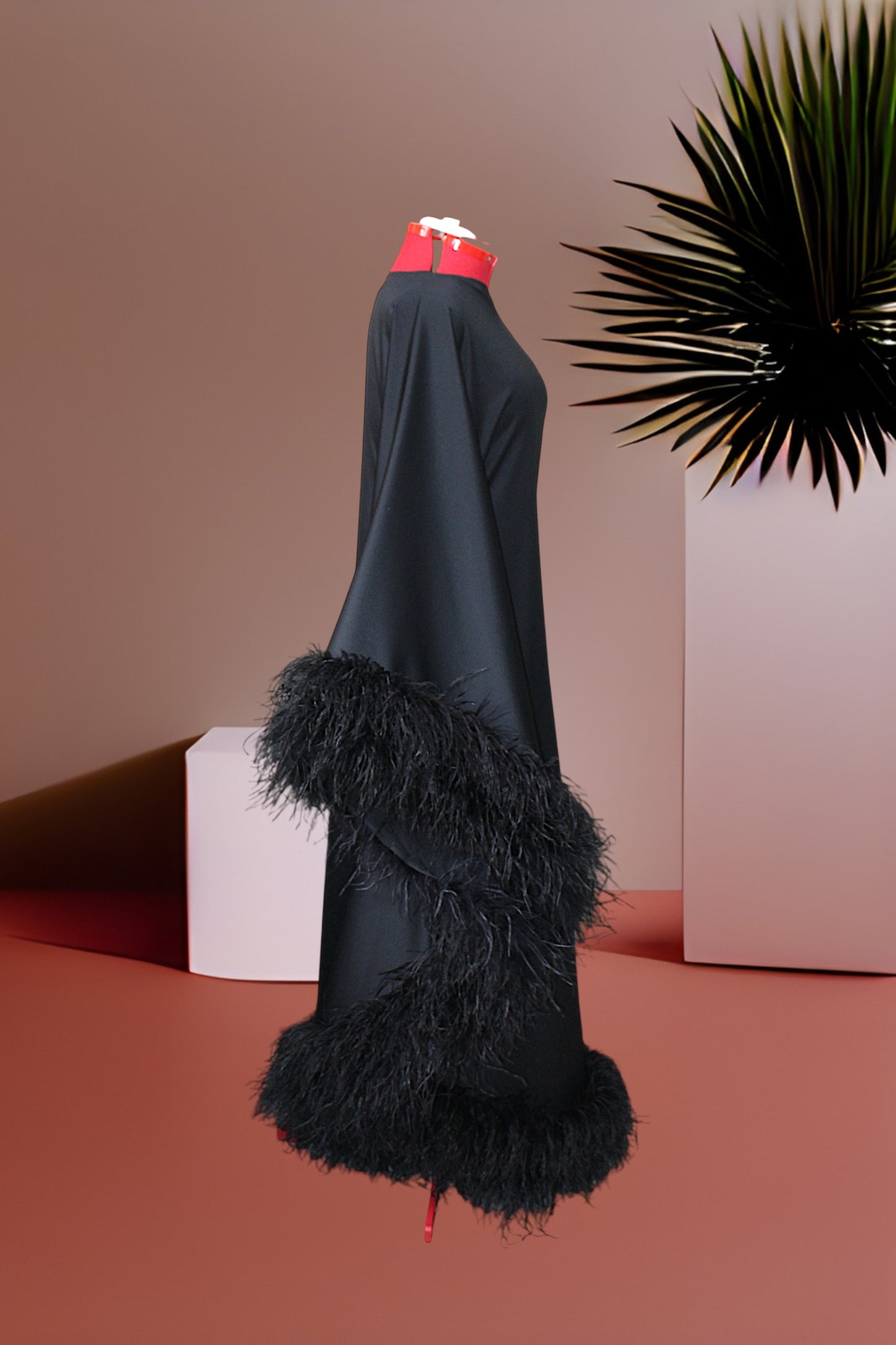 MARAYA Black Asymmetrical boat neck maxi Feather dress