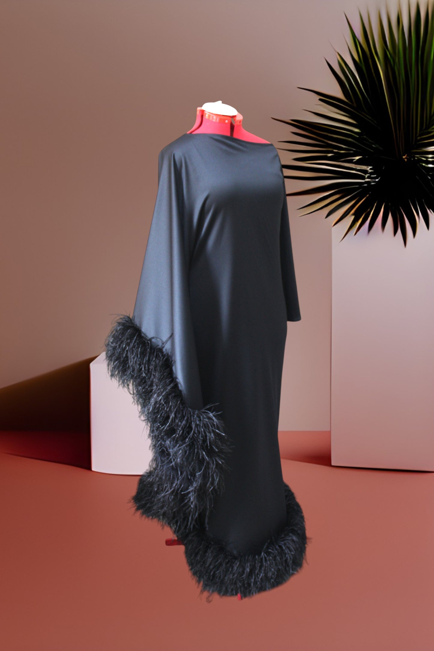 MARAYA Black Asymmetrical boat neck maxi Feather dress