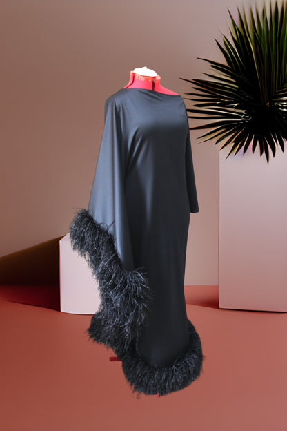 MARAYA Black Asymmetrical boat neck maxi Feather dress