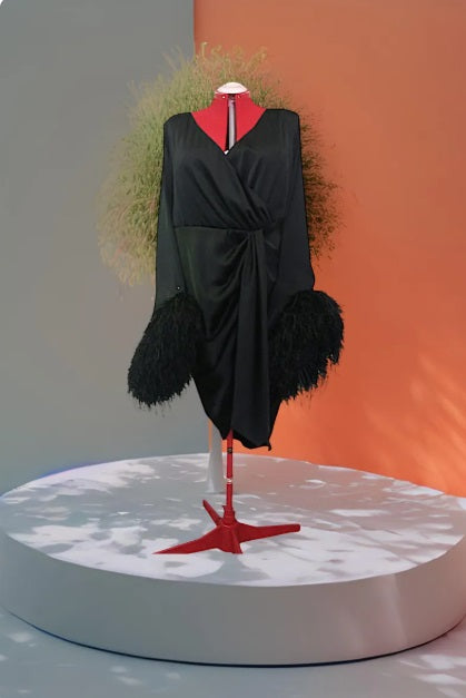 MARAYA Black Feather Midi Dress, Black Vulture Dress