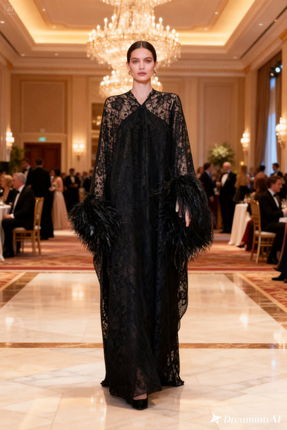 CERVIA Black Floral Lace kaftan Feather dress