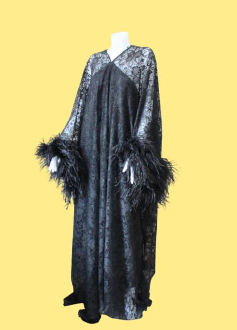 CERVIA Black Floral Lace kaftan Feather dress