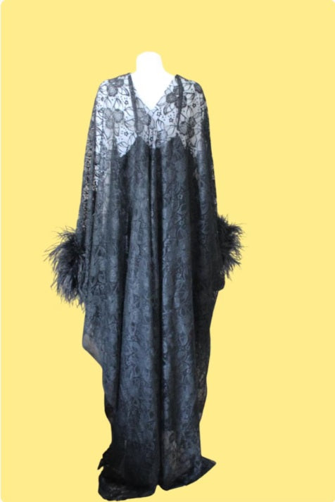 CERVIA Black Floral Lace kaftan Feather dress