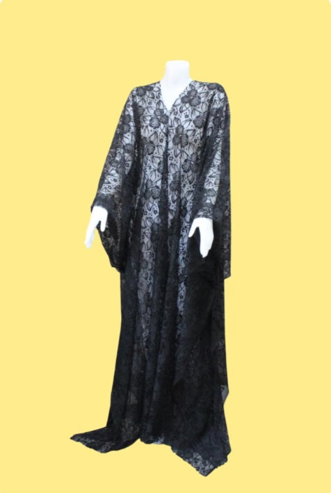 CERVIA Black Floral Lace kaftan Feather dress