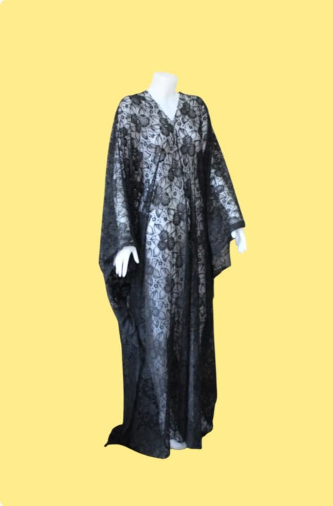 CERVIA Black Floral Lace kaftan Feather dress