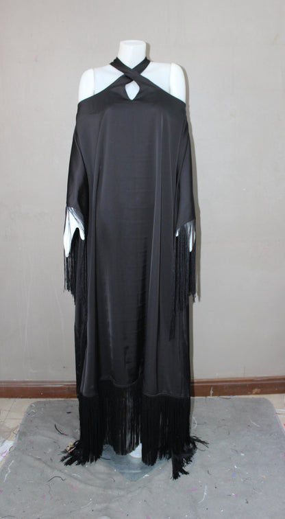 MARAYA Black Kaftan Fringe Trim Maxi dress