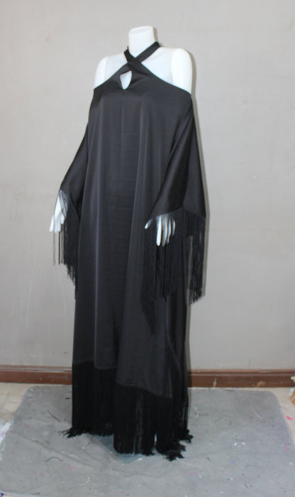 MARAYA Black Kaftan Fringe Trim Maxi dress