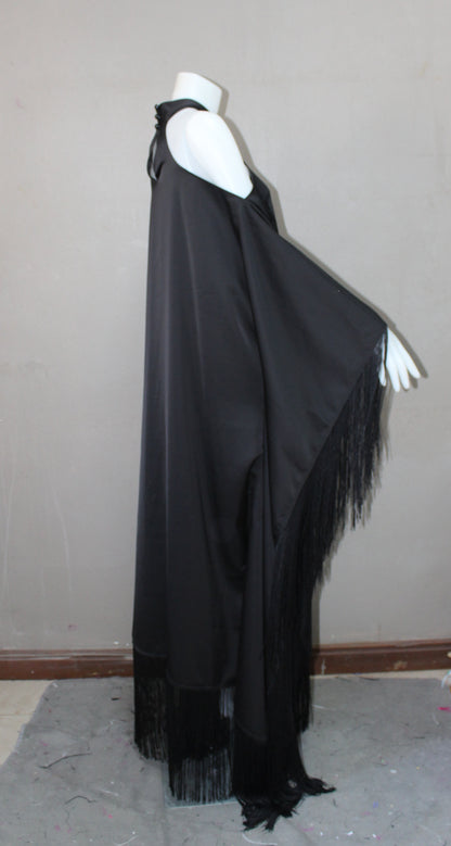 MARAYA Black Kaftan Fringe Trim Maxi dress