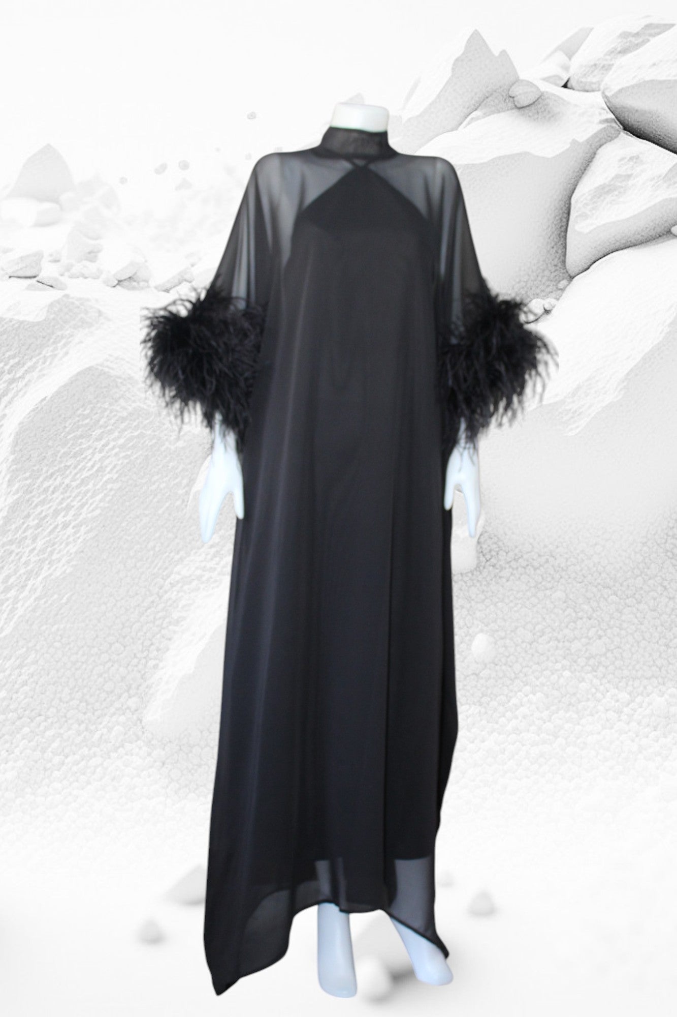 MARAYA Black Kaftan Shift Evening Maxi Feather dress