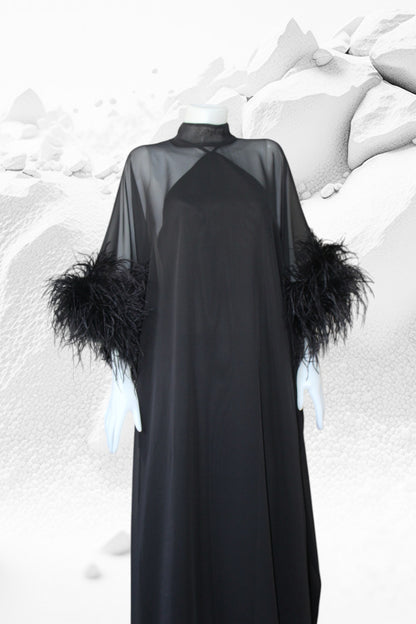 MARAYA Black Kaftan Shift Evening Maxi Feather dress