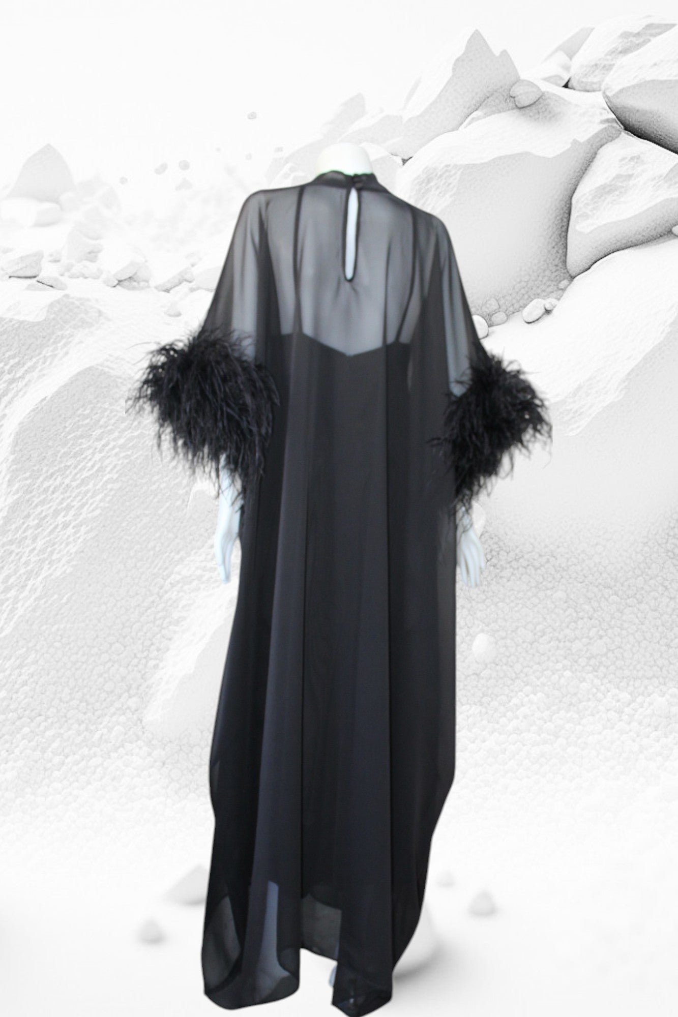 MARAYA Black Kaftan Shift Evening Maxi Feather dress