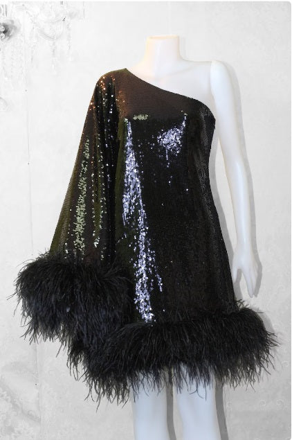 MARAYA Black Sequin One-Shoulder Mini Dress