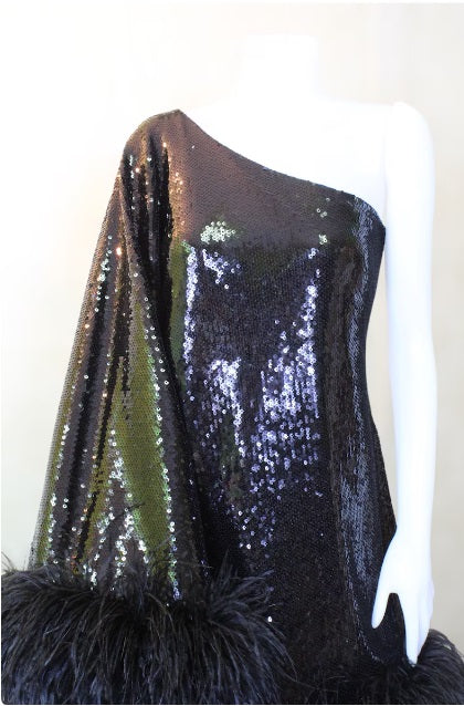 black sequin one shoulder dress MARAYA Black Sequin One-Shoulder Feather Mini Dress – THEIDEACRAFTS: Feather Dress | Elegant & Sexy Dress
