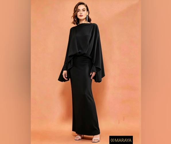 MARAYA Black Silk Blend Cape Maxi Dress, Elegant Draped Evening Gown, Modest Formal Floor Length Kaftan Dress, Luxury Wedding Guest Dress