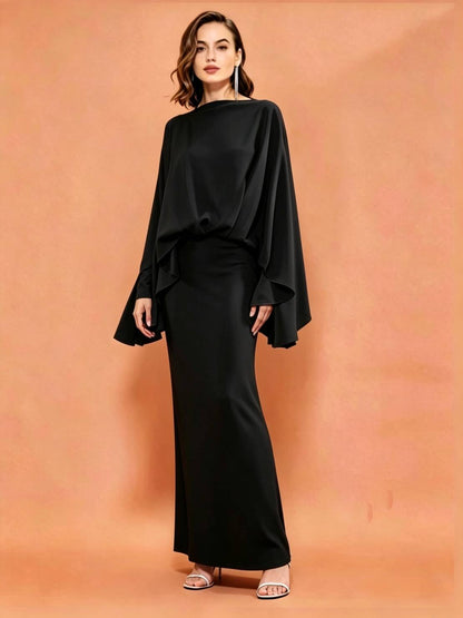 MARAYA Black Silk Blend Cape Maxi Dress, Elegant Draped Evening Gown, Modest Formal Floor Length Kaftan Dress, Luxury Wedding Guest Dress