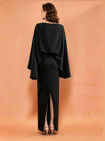 MARAYA Black Silk Blend Cape Maxi Dress, Elegant Draped Evening Gown, Modest Formal Floor Length Kaftan Dress, Luxury Wedding Guest Dress