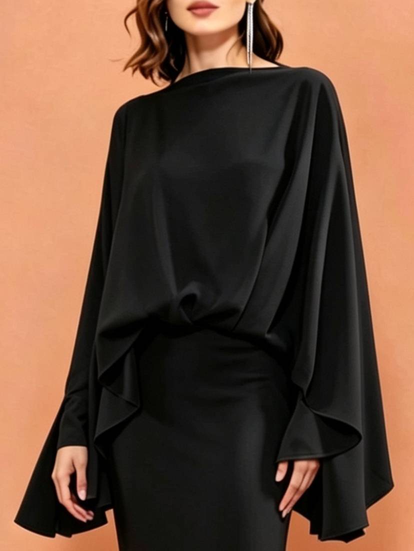 MARAYA Black Silk Blend Cape Maxi Dress, Elegant Draped Evening Gown, Modest Formal Floor Length Kaftan Dress, Luxury Wedding Guest Dress