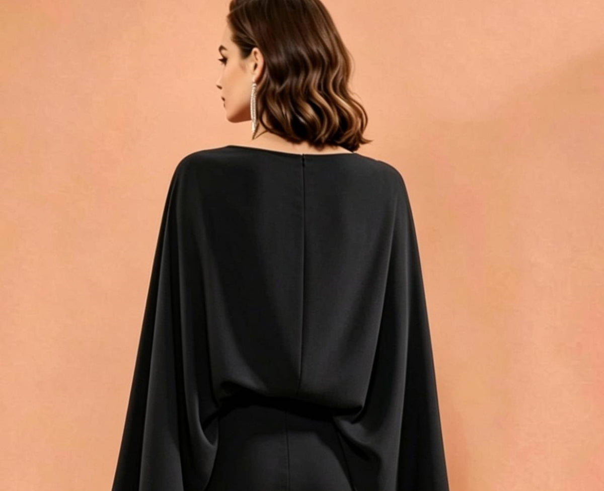 MARAYA Black Silk Blend Cape Maxi Dress, Elegant Draped Evening Gown, Modest Formal Floor Length Kaftan Dress, Luxury Wedding Guest Dress