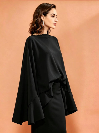 MARAYA Black Silk Blend Cape Maxi Dress, Elegant Draped Evening Gown, Modest Formal Floor Length Kaftan Dress, Luxury Wedding Guest Dress