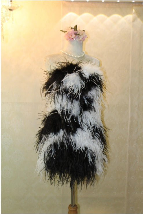 MARAYA Black & White Strapless Feathered Mini Dress