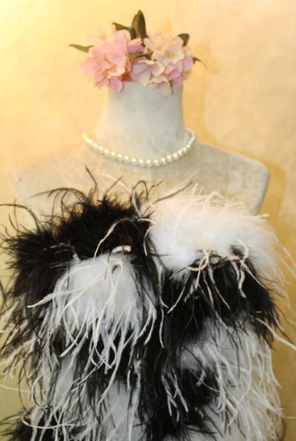 MARAYA Black & White Strapless Feathered Mini Dress