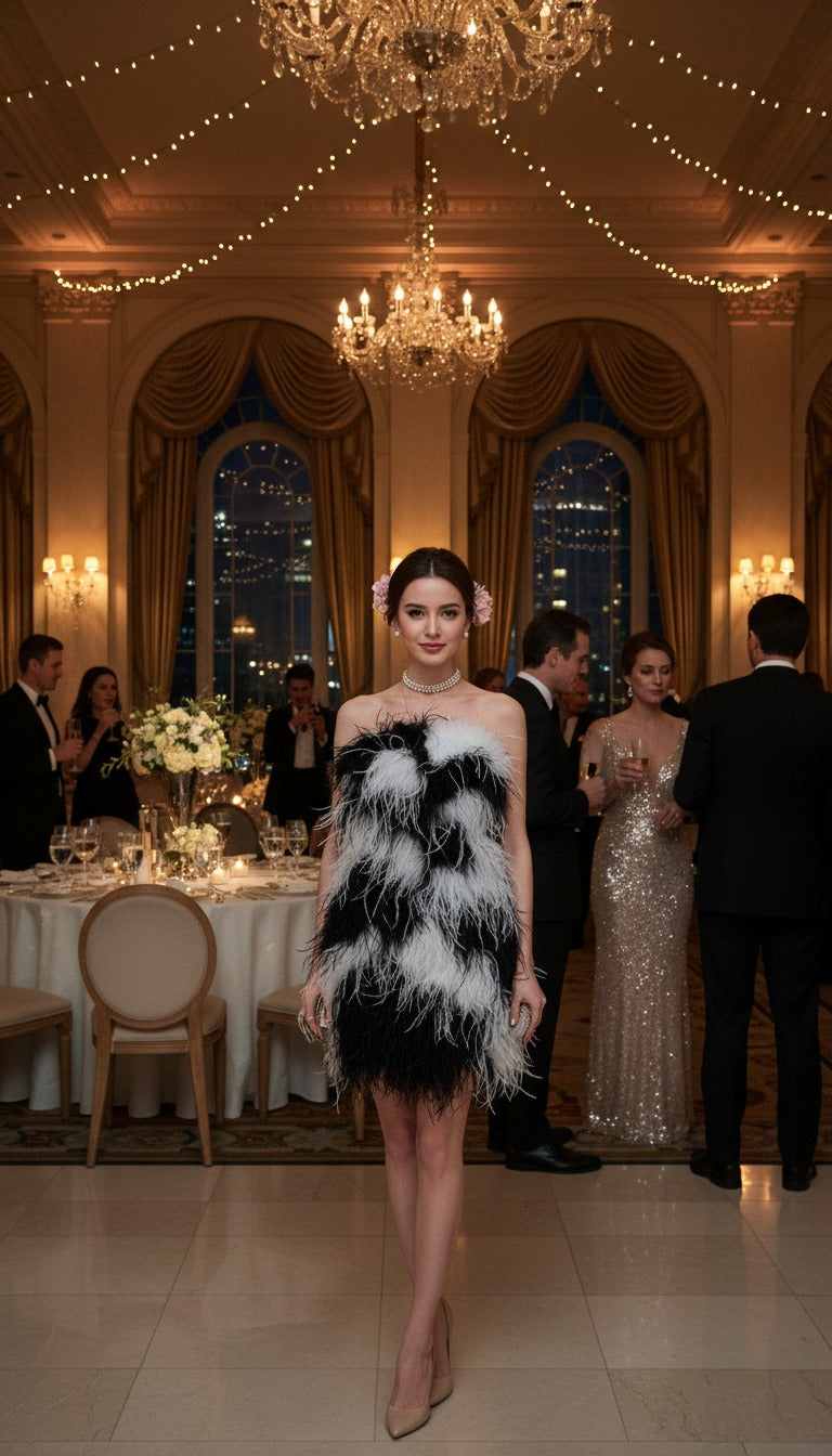 MARAYA Black & White Strapless Feathered Mini Dress