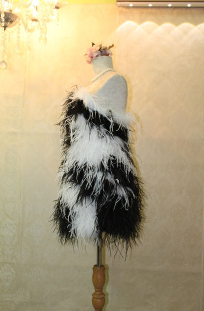 MARAYA Black & White Strapless Feathered Mini Dress