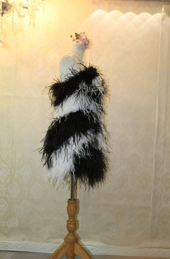 MARAYA Black & White Strapless Feathered Mini Dress