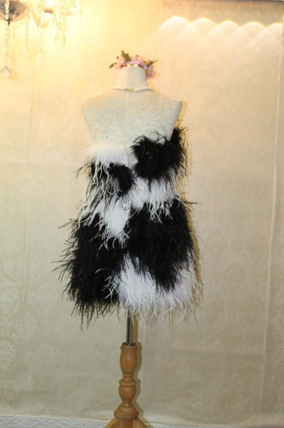MARAYA Black & White Strapless Feathered Mini Dress