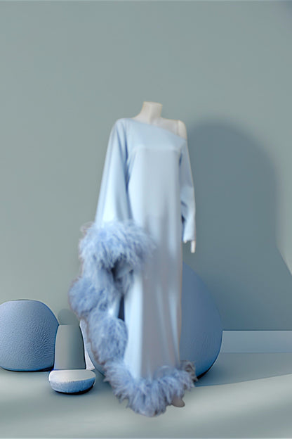 MARAYA Blue Asymmetrical boat neck maxi Feather dress