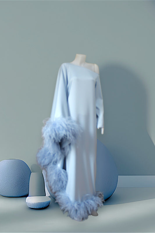 MARAYA Blue Asymmetrical boat neck maxi Feather dress