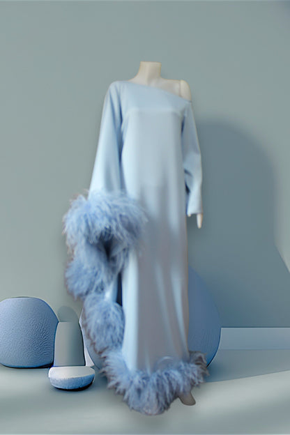 MARAYA Blue Asymmetrical boat neck maxi Feather dress