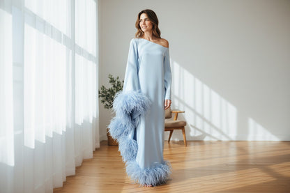 Asymmetric Boat Neck feather-trim maxi dress