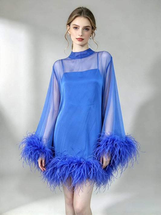 MARAYA Blue C09 Bell Long sleeve mini Ostrich Feather dress