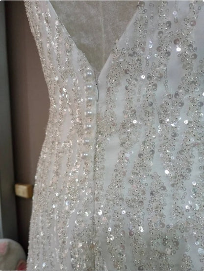 MARAYA Bride Sleeveless Square Neck A-Line Style, Sequin embroidered, Mermaid Style, Hen party, Back siper and V shape.