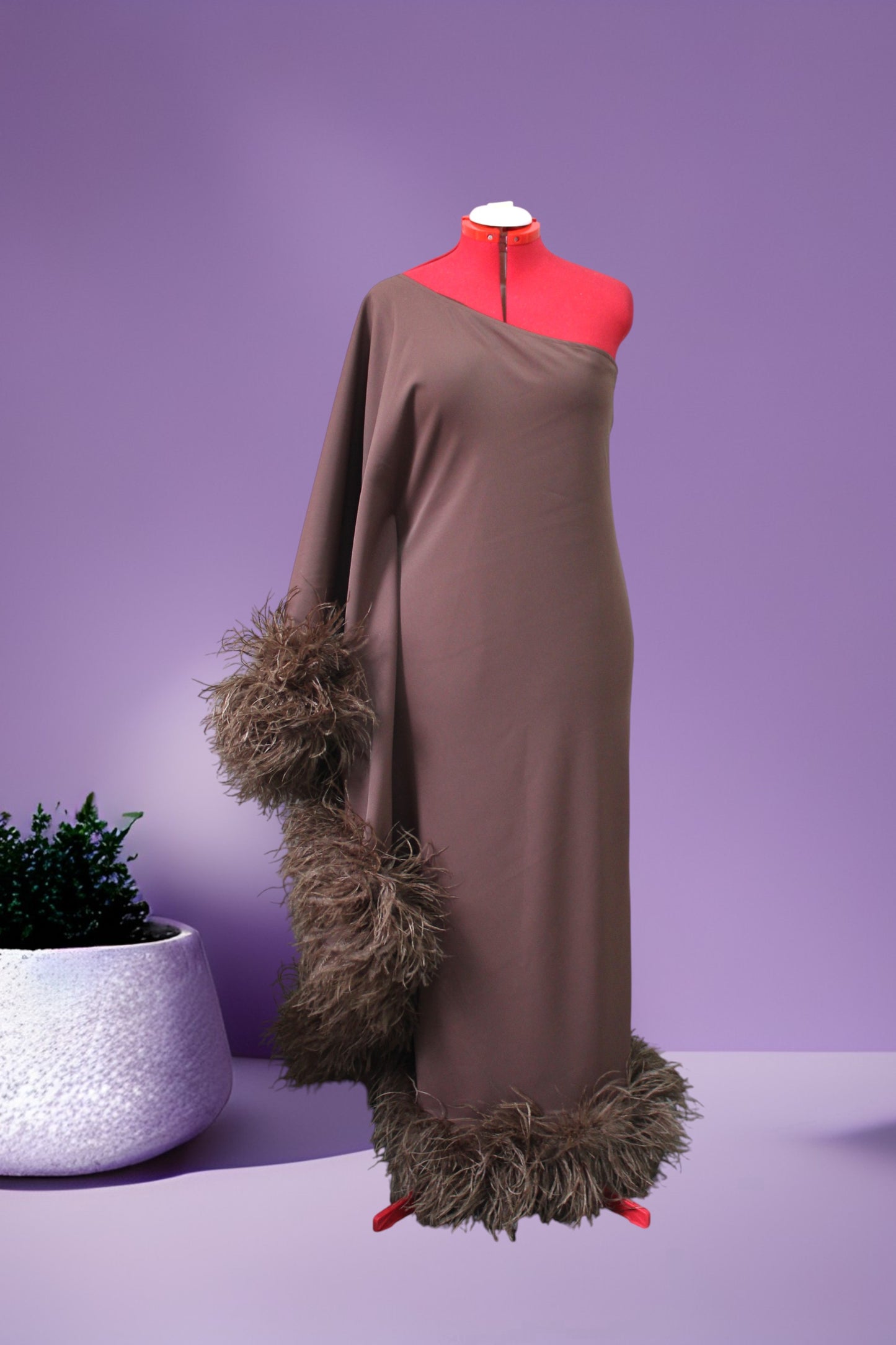 MARAYA Brown One-Shoulder Maxi Slit Feather Dress