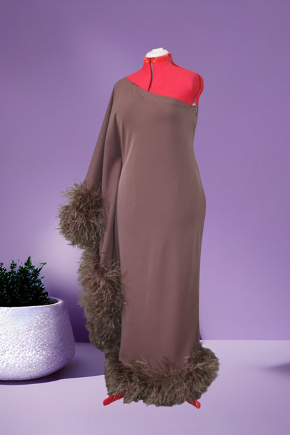 MARAYA Brown One-Shoulder Maxi Slit Feather Dress
