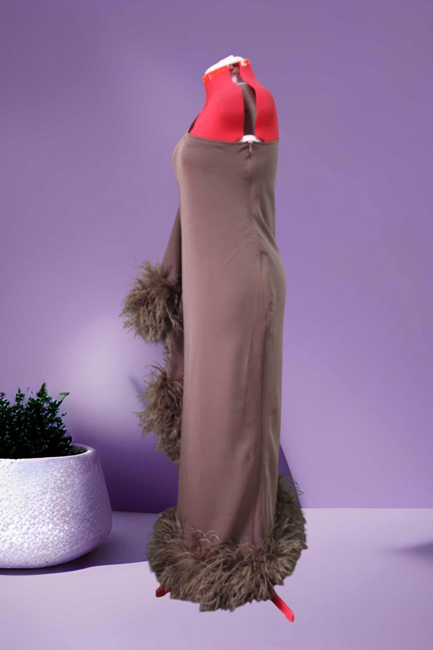 MARAYA Brown One-Shoulder Maxi Slit Feather Dress