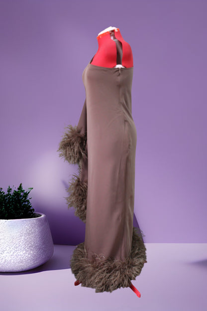 MARAYA Brown One-Shoulder Maxi Slit Feather Dress