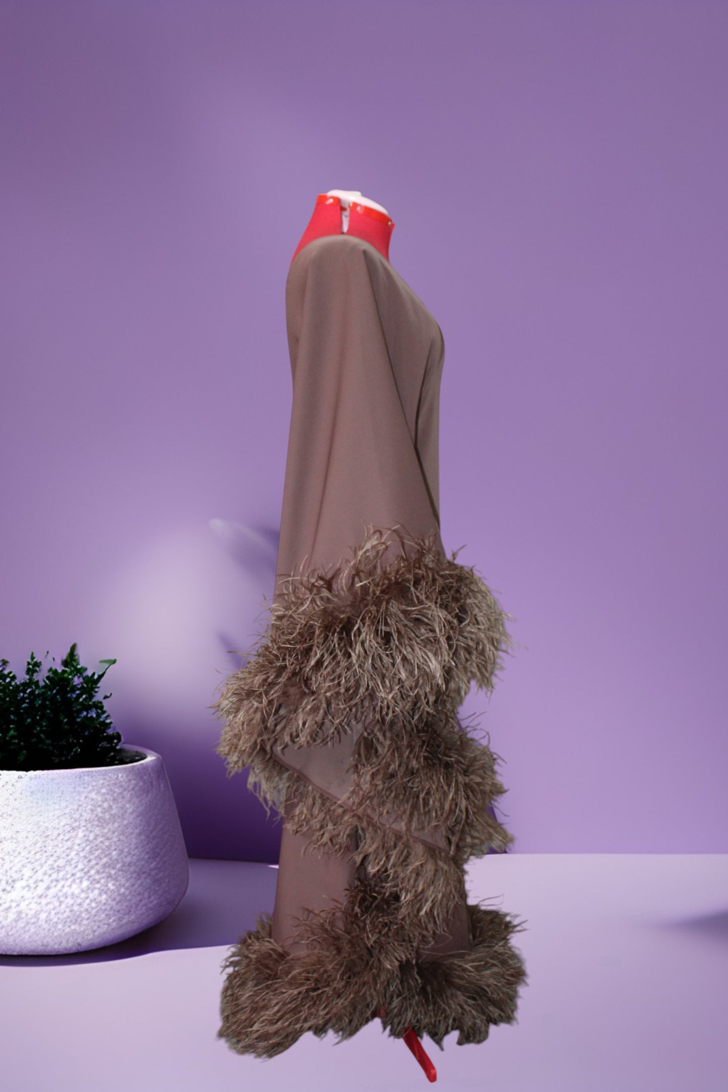 MARAYA Brown One-Shoulder Maxi Slit Feather Dress