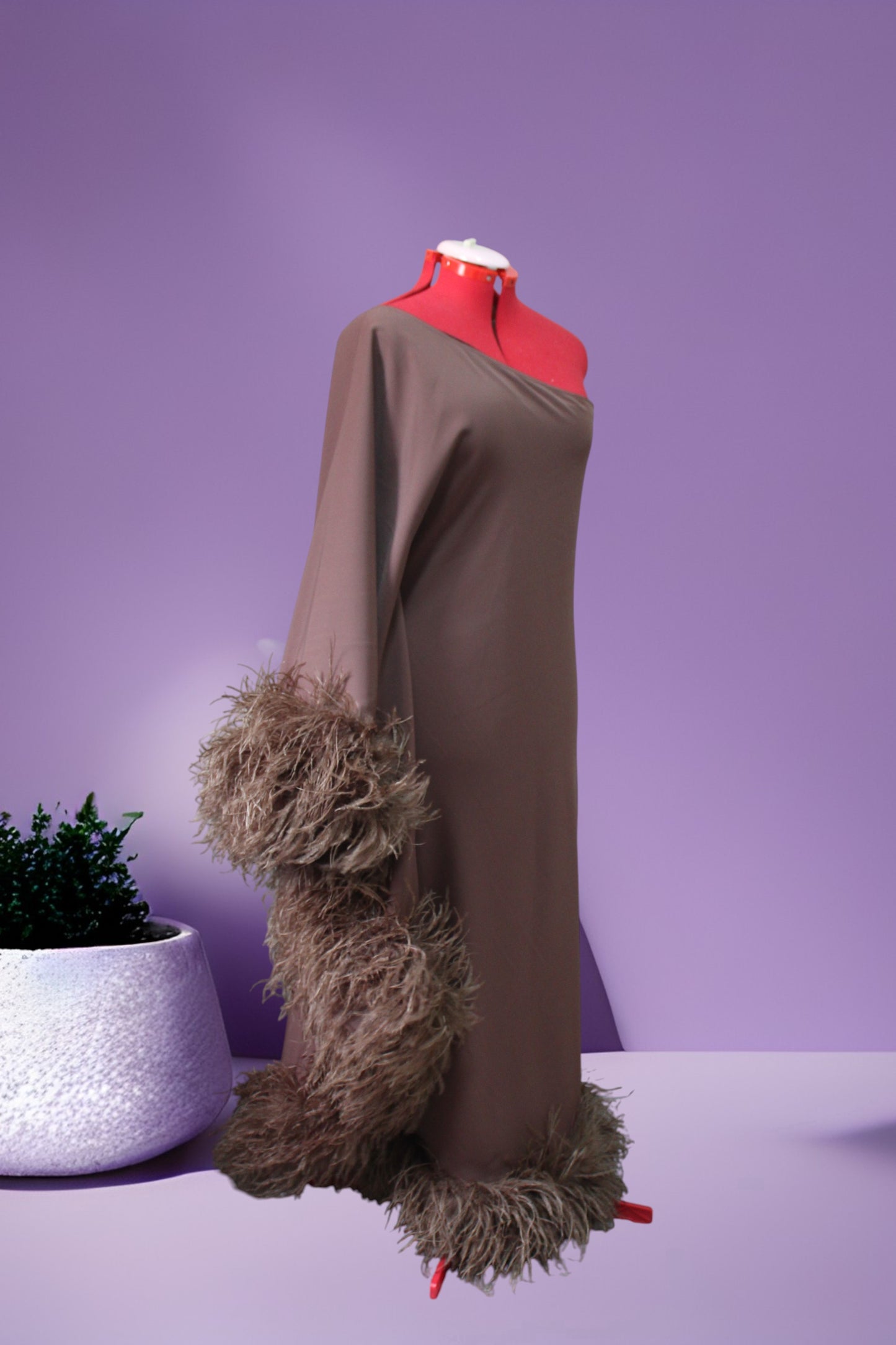 MARAYA Brown One-Shoulder Maxi Slit Feather Dress