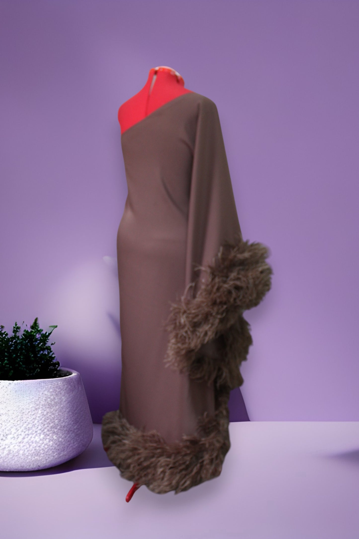 MARAYA Brown One-Shoulder Maxi Slit Feather Dress