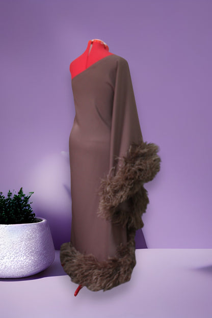 MARAYA Brown One-Shoulder Maxi Slit Feather Dress